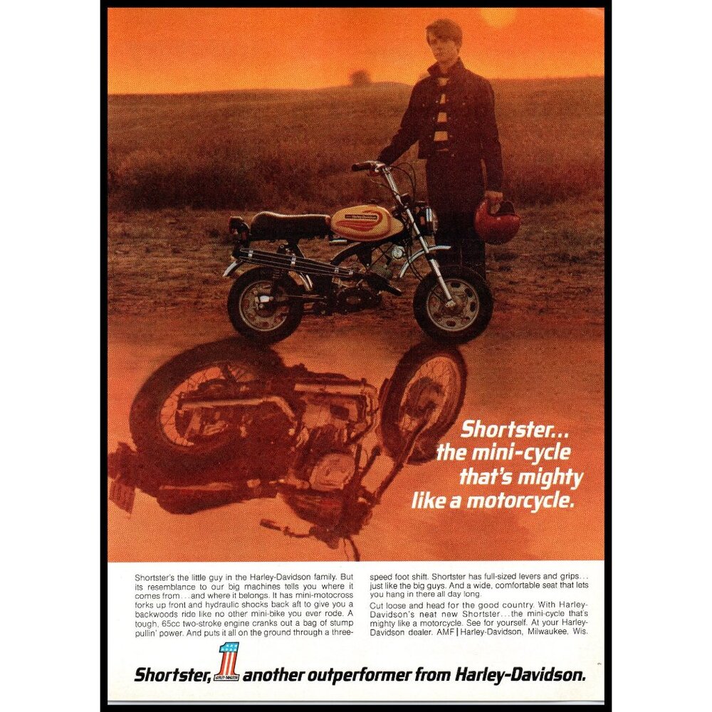 1972 Harley Davidson Shortster Motorcycle Vintage Print Ad Sunset Field Wall Art